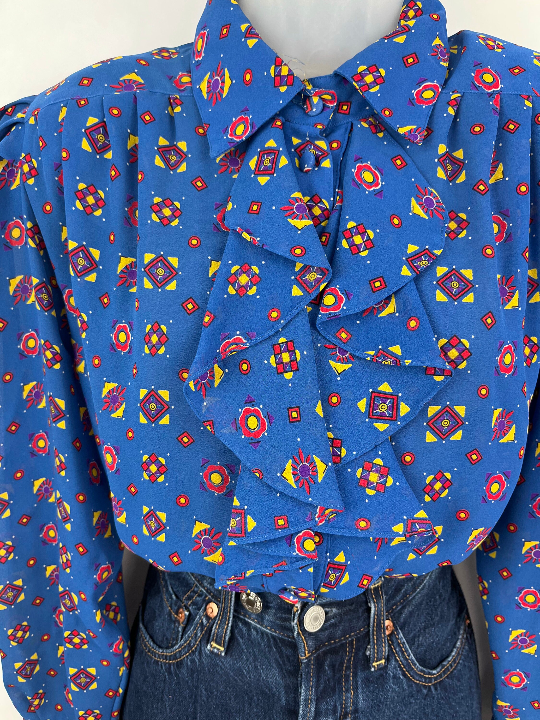 80s Vintage Blue Red Yellow Patterned Collared Ruffle Blouse Size 10 ...