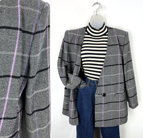 90s vintage gray and purple plaid blazer, Size 10… - image 1