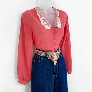 80s coral pink chiffon long sleeve blouse with lace collar, Small Medium, Light Academia, 50s Style, Pink Chiffon Blouse, Cottagecore VSCO