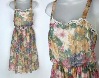 80s vintage sheer pastel floral chiffon blouson slip dress Small Medium Floral Negligee Mori Kei Cottagecore Fairycore Romantic Boudoir