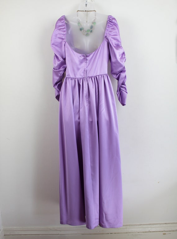 80s purple satin ball gown with ruched sleeve, Ta… - image 8