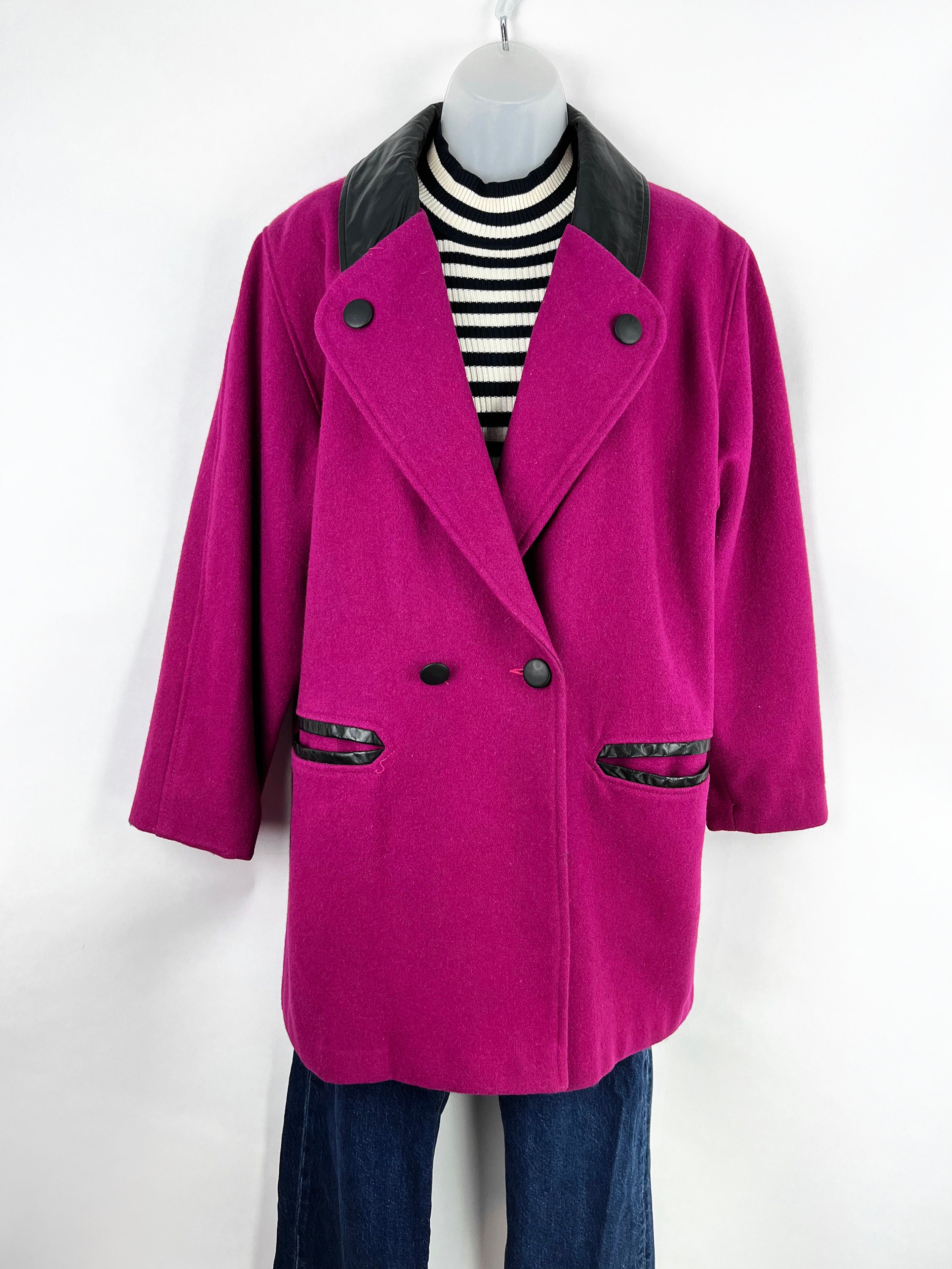 ジャケット・アウター 90s vintage leather wool pea coat 90s Vintage Dark Magenta Wool Blend Peacoat With Black Trim Size 7