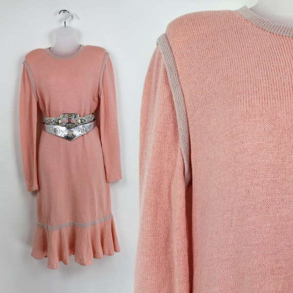 80s pink and beige sweater dress, size Large, 80s… - image 1