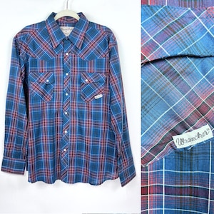90s Vintage Wrancher blue and pink plaid long sleeve Western snap button shirt Wrangler Large XL Mens Plaid Unisex Plaid Shirt Rodeo Cowboy