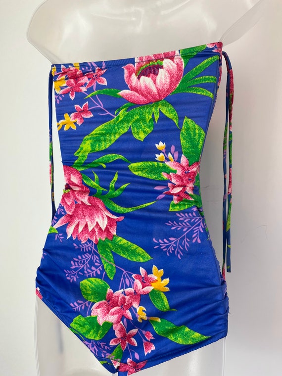 90s vintage blue and pink floral ruched one piece… - image 9