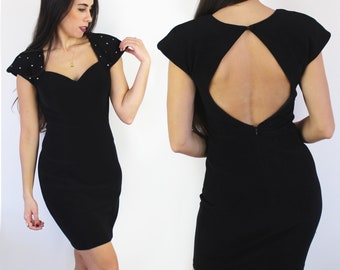 90s vintage black body con cap sleeve cocktail minidress with open back, Prom Dress, Homecoming Dress, Holiday Party, NYE, Dress for Wedding