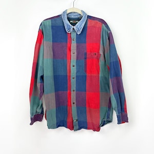 90s vintage broad colorblock plaid denim men&#39;s buttondown Western shirt Men&#39;s Medium Mens Denim Shirt  90s Aesthetic Vintage American Eagle