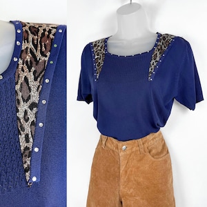 90s vintage navy blue pointelle knit short sleeve top with leopard accents Small Medium Animal Print Rhinestones Normcore 1990s Fashion