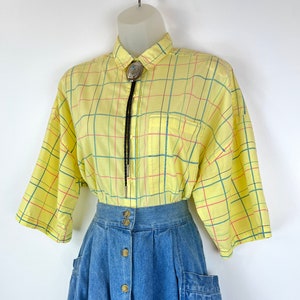 80s vintage yellow pastel plaid oversize short sleeve blouse Small Medium Summer Shirt Cottagecore Farmcore Normcore Geek Chic 90s Aesthetic