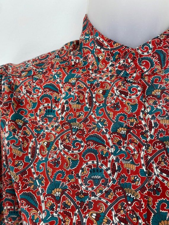 80s Vintage festive red and teal green paisley pr… - image 9