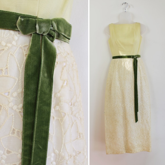 60s yellow and cream eyelet lace empire waist dre… - image 1