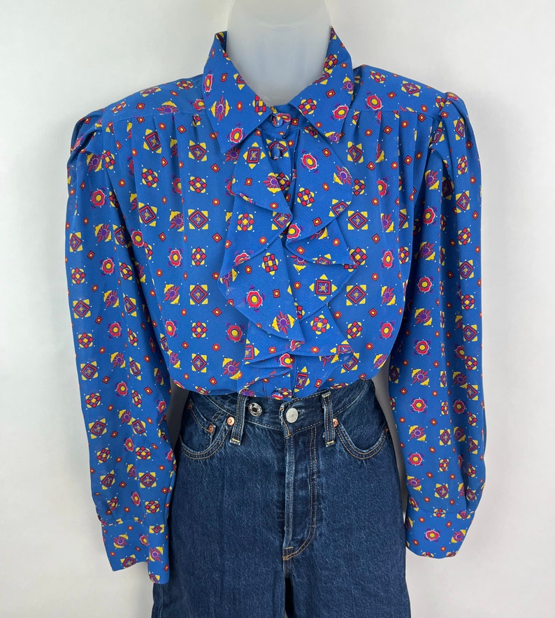 80s Vintage Blue Red Yellow Patterned Collared Ruffle Blouse Size 10 ...