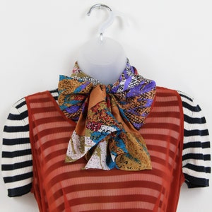 80s bold patterned silk head scarf, Long Scarf, Boho Headscarf, Silk Neck Scarf, Colorful Silk Scarf, 90s Accessories