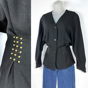 90s vintage black wool dolman sleeve blouse with nipped waist and gold studs Black Studded Jacket Size Small Punk Rocker 1980s Glam Rock