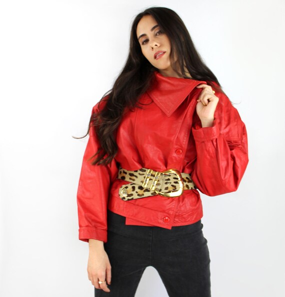 Red leather bomber / red bomber jacket / red moto