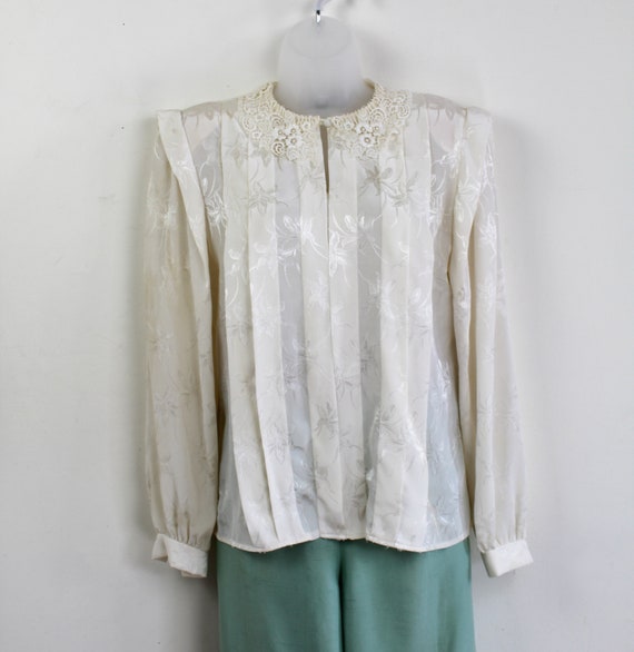 80s cream floral burnout blouse with lace collar,… - image 7