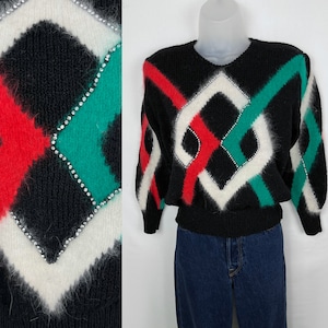 90s vintage black red green and white angora puff sleeve sweater Medium 90s Angora Sweater 1990s Clothing Christmas Outfit Holiday party