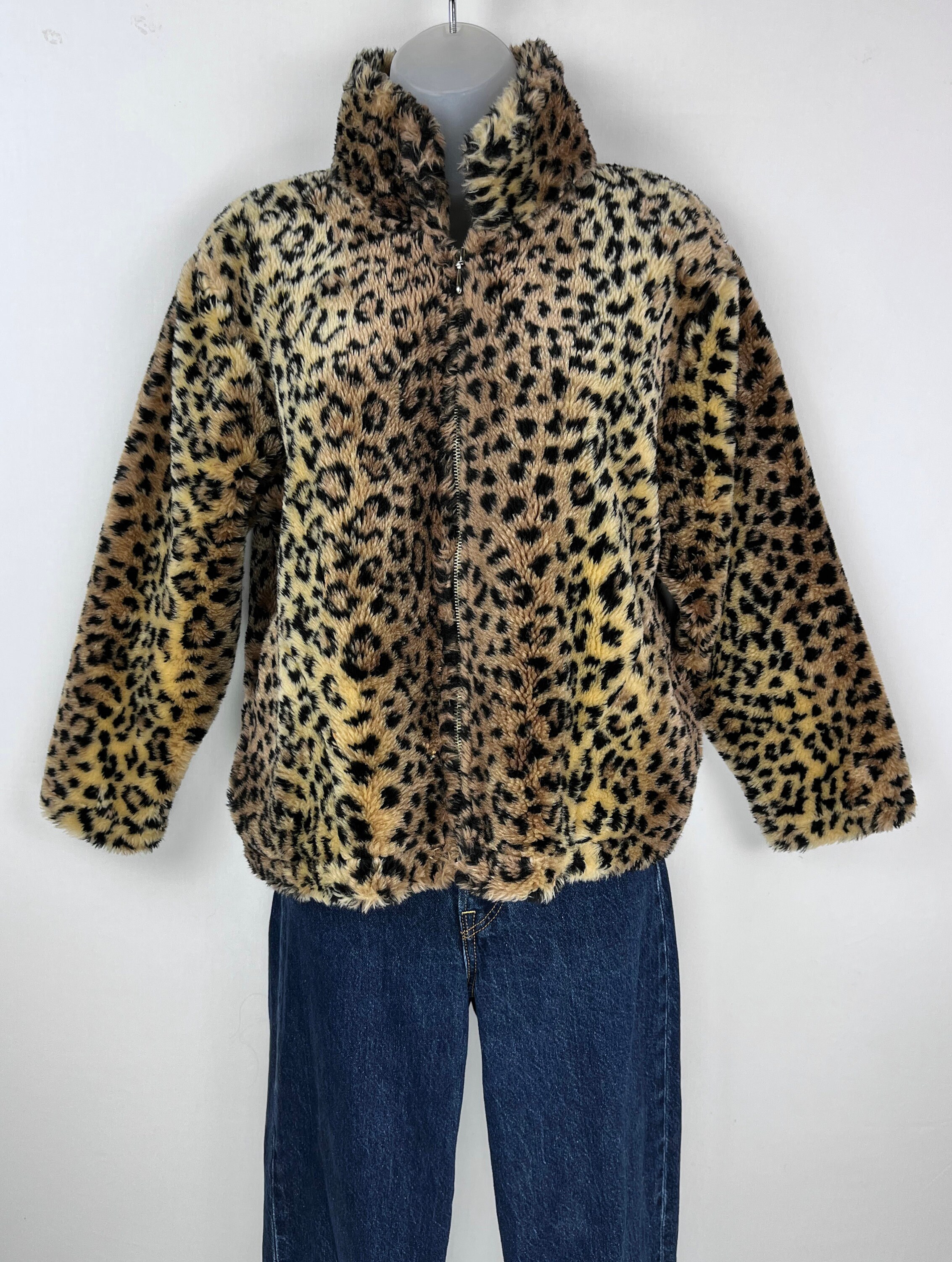 90s Vintage Leopard Print Faux Fur Coat Medium VEGAN Fur Coat