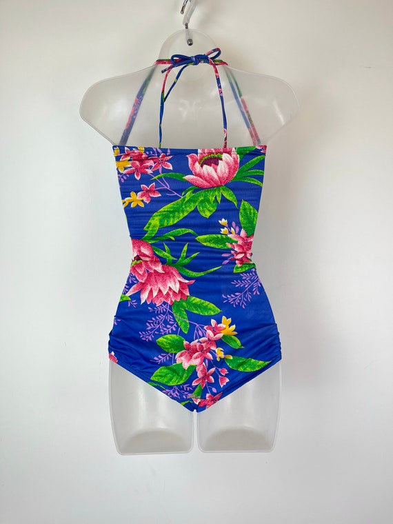 90s vintage blue and pink floral ruched one piece… - image 8