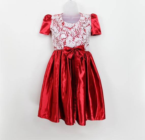 80s vintage red satin party dress with white lace… - image 1