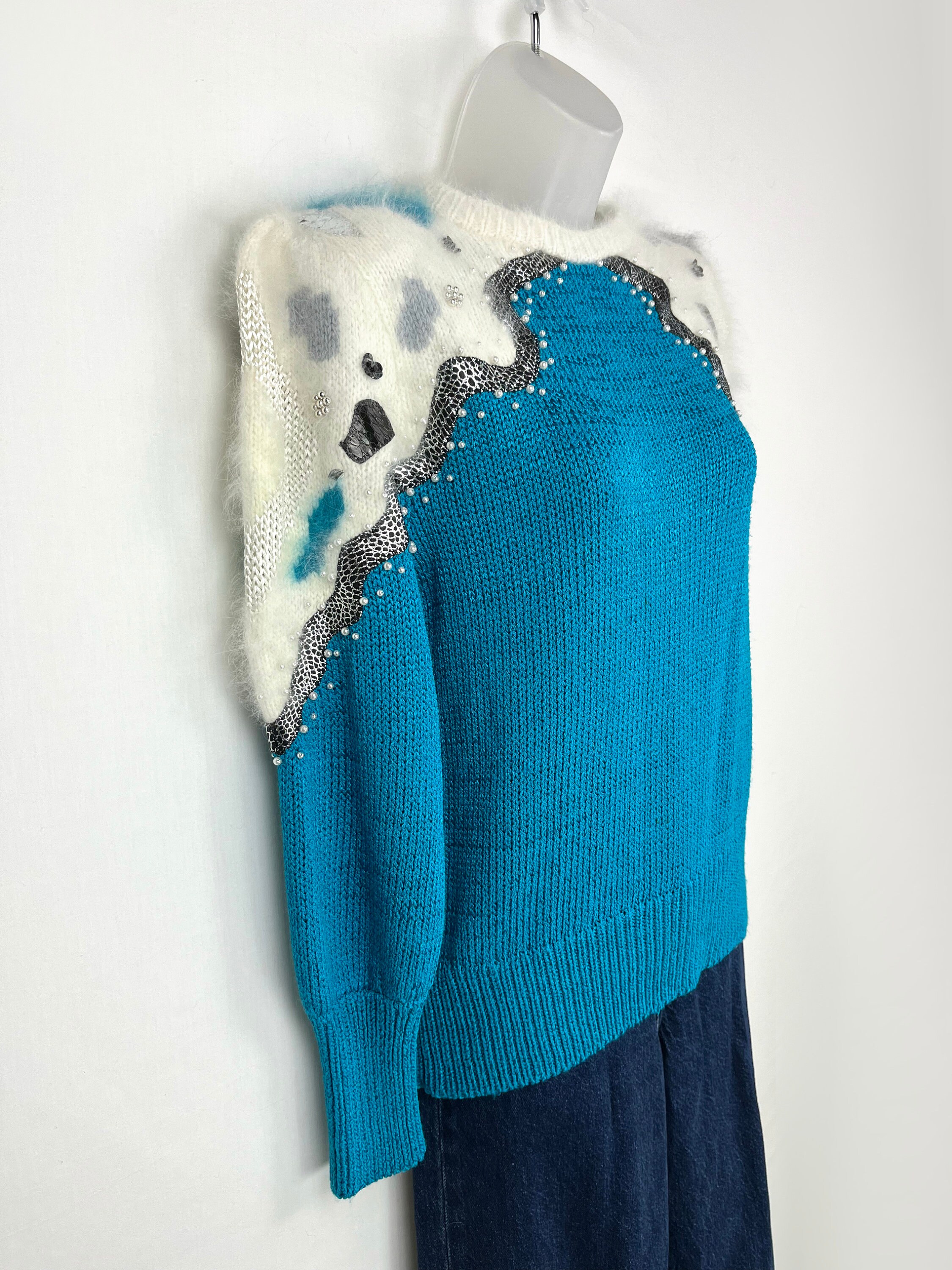 80s Vintage Cerulean Blue and White Angora Patchwork