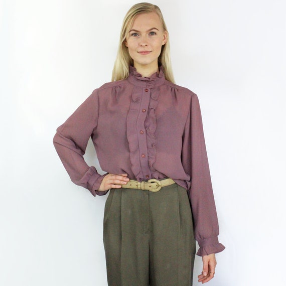 80s sheer mauve high neck ruffle button blouse, M… - image 2