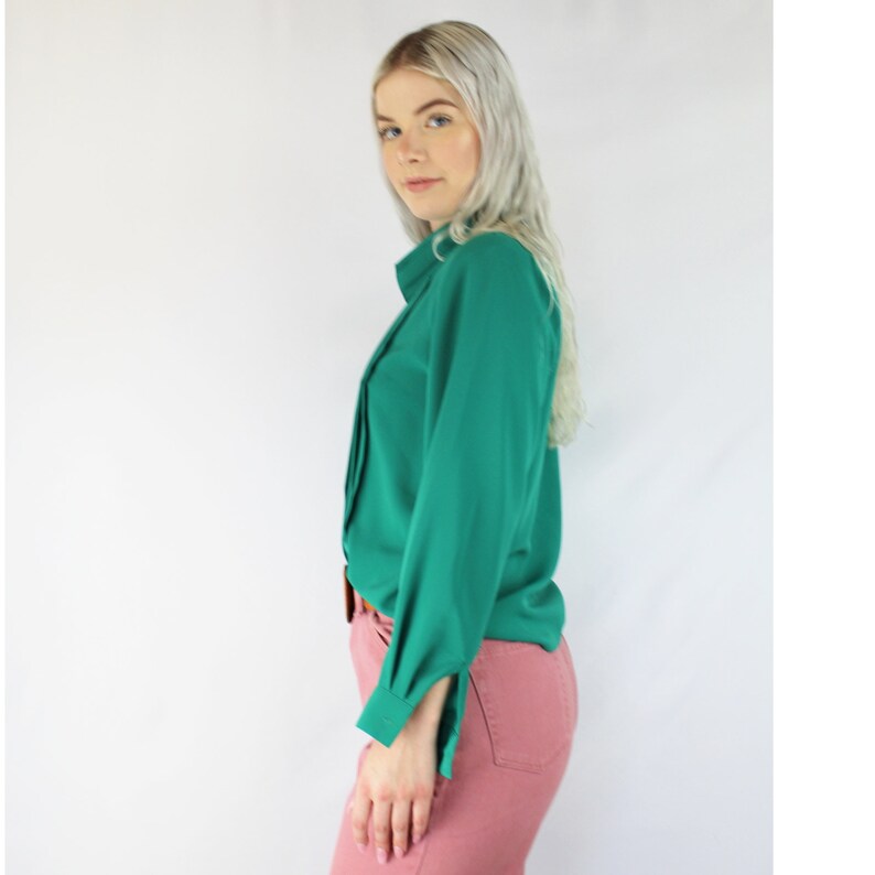 80s teal green pleat front poly blouse teal poly blouse teal pleated blouse 80s vintage blouse secretary blouse 80s vintage blouse