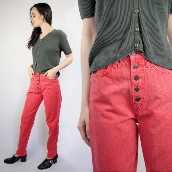Coral pink high waist high rise button fly jean, … - image 1