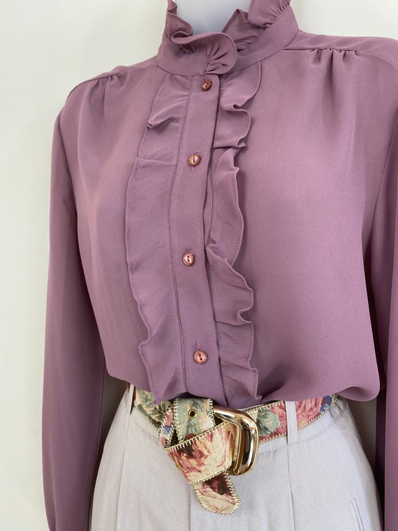 80s sheer mauve high neck ruffle button blouse, M… - image 8