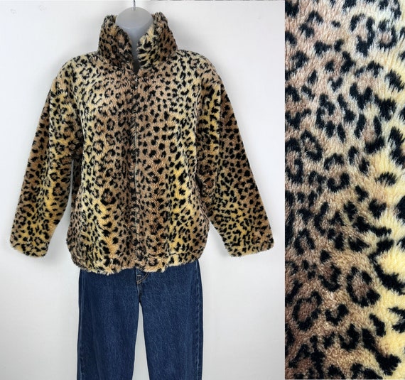 90s vintage leopard print faux fur coat Medium VE… - image 1