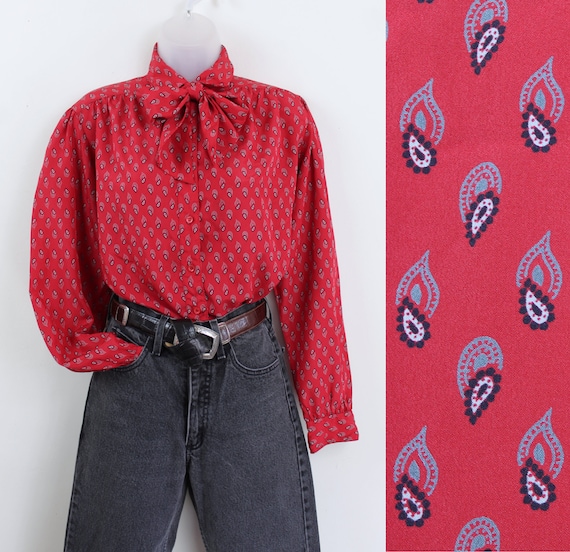 80s red paisley print long sleeve ruffle Pussy Bo… - image 1