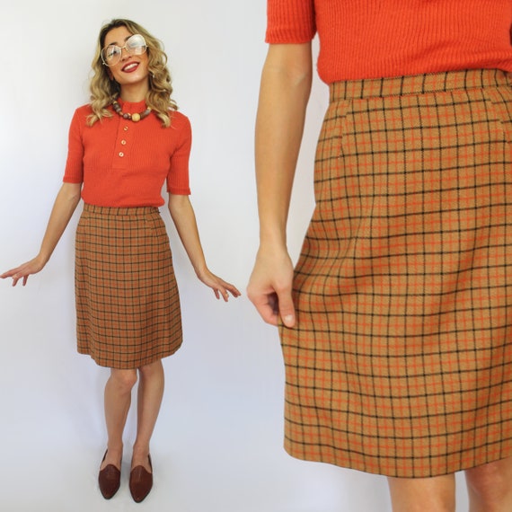 70s brown and orange plaid pencil skirt, 24 inch … - image 1