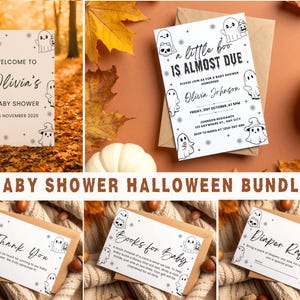 Halloween Baby Shower Bundle Ghost Theme, A Little Boo Is Almost Due Invitation, Printable Baby Shower Decor, Editable Template Set, HWS2