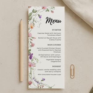 Wildflower Wedding Menu Template – Boho Floral Reception Menu Card, Printable Editable Dinner Menu for Rustic Garden Wedding