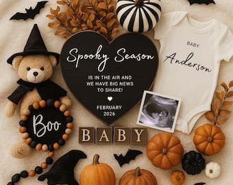 May include: A Halloween-themed baby announcement with a teddy bear in a witch hat, pumpkins, and bats. A heart-shaped sign reads "Spooky Season" and "Baby Anderson." The announcement includes an ultrasound image and the word "Baby" in wooden blocks.