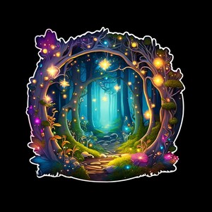 May include: A digital illustration of a magical forest scene. The image features a path leading into a glowing, ethereal clearing. Trees are adorned with glowing orbs and star-shaped lights, with vibrant colors of purple, green, and yellow.
