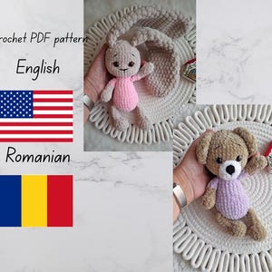 May include: A crochet PDF pattern with a pink bunny and a brown dog amigurumi. The bunny has long ears and a pink body. The dog has a light purple body. The text "Crochet PDF pattern" and "English" are visible.