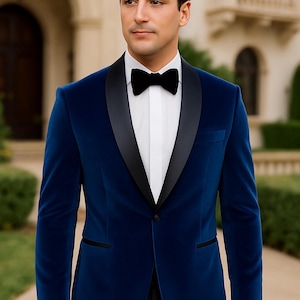 Men&#39;s Blue Slim Fit Velvet Shawl Lapel Tuxedo Jacket