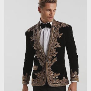 Luxury Men&#39;s Black Velvet Embroidered Tuxedo Blazer | Handcrafted Royal Wedding & Party Jacket