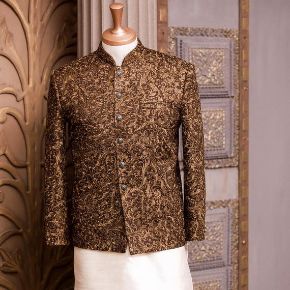 Handmade Brown Gold Embroidered Prince Coat for Men: Traditional