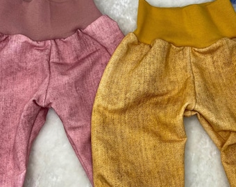 Pantalones harén Uni Jeanslock Grow-with-me Pantalones Bebé Niño Jersey de algodón orgánico Colores lisos Ropa infantil Hecho a mano