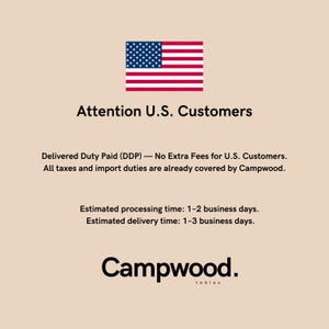 Puede incluir: Imagen con el texto "Attention U.S. Customers" y la bandera estadounidense. El texto tambi&eacute;n indica "Delivered Duty Paid (DDP) - No Extra Fees for U.S. Customers." y "All taxes and import duties are already covered by Campwood."