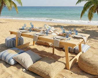 Mesa de picnic portátil para playa de 101 x 50 cm, pequeña mesa baja plegable de madera para acampar y comer al aire libre, ligera, ideal para viajes, diseño bohemio.