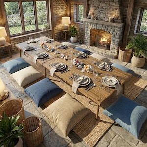 May include: A rustic wooden dining table set for a meal, surrounded by floor cushions and woven baskets. The table is set with plates, silverware, and glasses. A stone fireplace and large windows are in the background.
