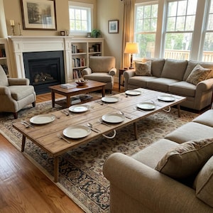 May include: A long, wooden dining table set with plates and cutlery, featuring rope handles. The table is positioned on a patterned rug in a living room, surrounded by beige sofas and armchairs. A fireplace and windows are visible in the background.