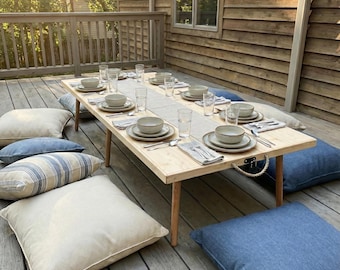 Farmhouse Low Table 60"x28", Rustic Wood Floor Dining Table, Boho Foldable Picnic Table, Portable Handmade Table, Toddler Low Seat Table