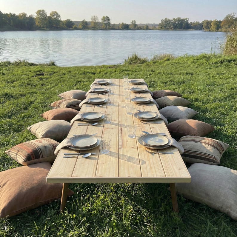 Puede incluir: Una mesa larga de madera clara preparada para una comida al aire libre, rodeada de grandes cojines. Cada cubierto incluye un plato, cubiertos y un vaso. La mesa est&aacute; colocada sobre una zona de c&eacute;sped cerca de un lago.