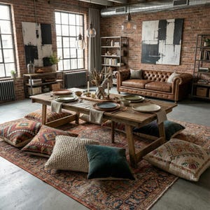 May include: A rustic dining room with a large wooden table set for a meal. The room features a leather sofa, patterned pillows, and a vintage rug. The walls are exposed brick, and the room is lit by hanging pendant lights.