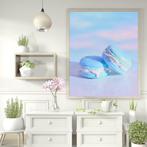 Magical Blue Glitter Macarons – Whimsical Dessert Digital Wall Art, Pastel Kitchen Decor, Sweet Food Print