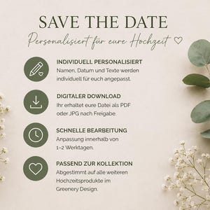May include: A Save the Date announcement card featuring the text 'SAVE THE DATE' and 'Personalisiert f&uuml;r eure Hochzeit'. It includes four circular icons with a pencil, download arrow, clock, and heart, alongside German text descriptions.